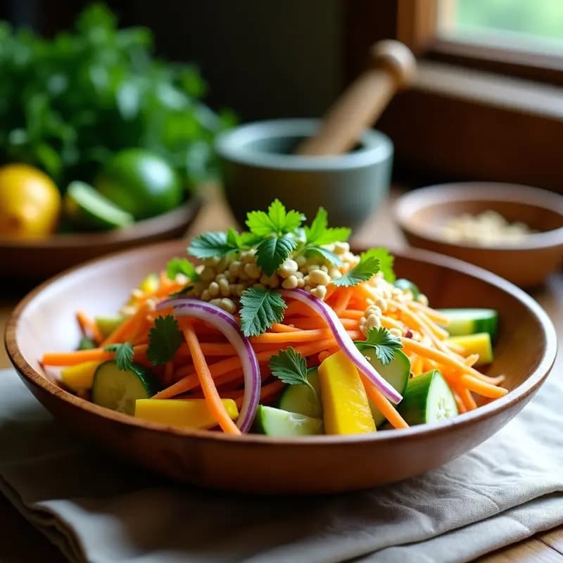 Ensalada tailandesa de mango verde en bol de madera, con juliana de zanahoria, pepino, cebolla morada, cilantro, menta y cacahuetes tostados, acompañada de aliño en mortero.