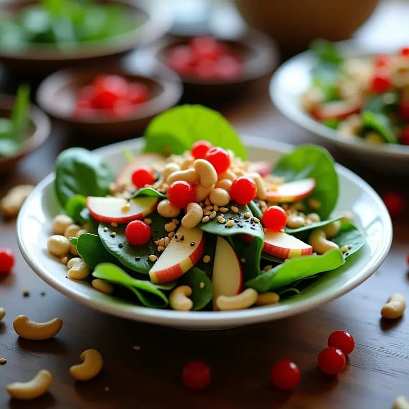 Ensalada tibetana colorida con espinacas frescas, rodajas de cebolla morada, cubos de manzana verde, bayas goji rojas y nueces de cajú, servida en un bol de cerámica blanca con semillas de sésamo negro espolvoreadas.