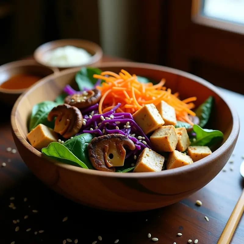 Bol de madera rústico con ensalada tibetana de momias japonesas, hongos shiitake rehidratados, tofu ahumado dorado, espinacas frescas y semillas de sésamo, con aderezo de jengibre y sésamo.