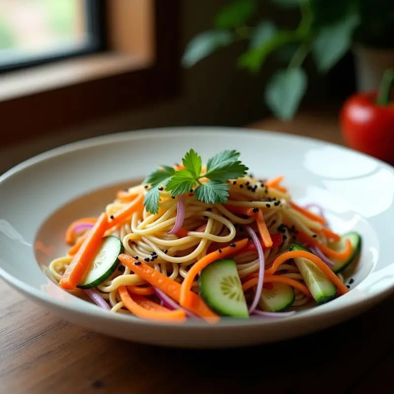 Plato hondo de cerámica blanca con ensalada thukpa fría tibetana: fideos yak entrelazados con zanahoria, pepino y pimiento rojo en juliana, espolvoreados con semillas de sésamo negro y cilantro fresco, sobre fondo de madera rústica.