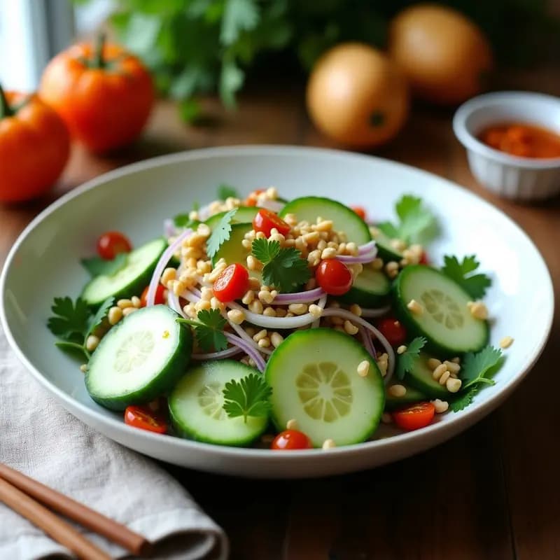 Ensalada tailandesa fresca de tomate verde y pepino en rodajas, con vinagreta de tamarindo, decorada con cacahuetes tostados, cilantro y chile rojo, servida en un bol blanco sobre fondo rústico.