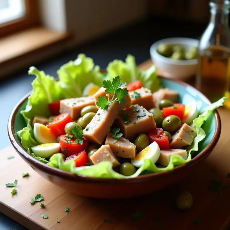 Ensalada vasca en fuente de barro con ventresca de atún desmenuzada, pimientos asados en tiras rojas y verdes, huevos duros en cuartos, cebolla morada en juliana, aceitunas verdes y apio. Aliñada con vinagreta de pimentón ahumado y decorada con perejil fresco. Plato colorido y apetecible con toques rústicos.