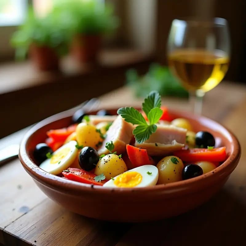 Ensalada murciana fresca y ligera con ventresca de atún, pimientos asados rojos, patatas cocidas en cubos, huevo duro, aceitunas negras y perejil, servida en un plato hondo de barro con vinagreta brillante.