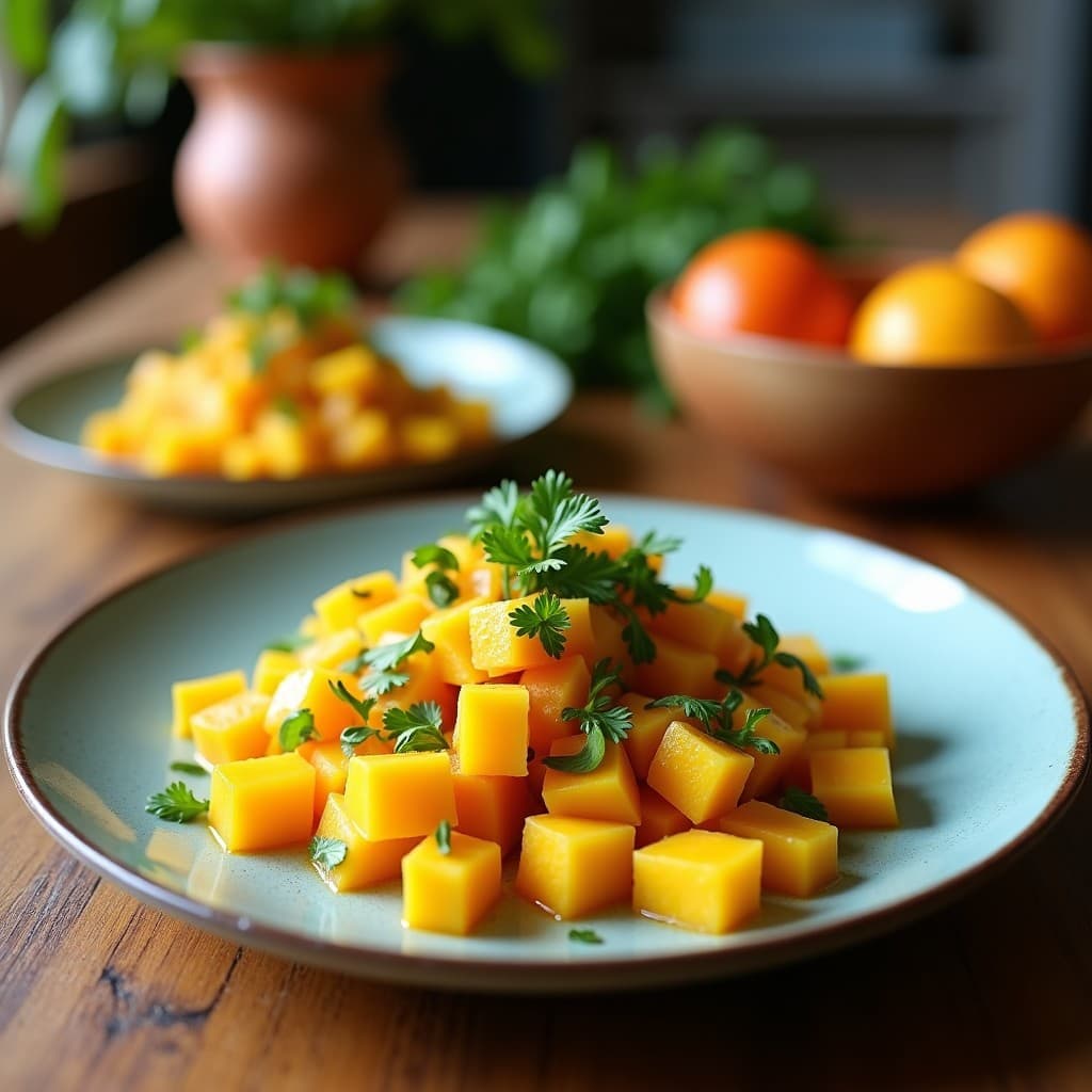 Ensalada tailandesa crudivegana de algas wakame hidratadas y mango maduro en juliana, bañada en aderezo de tamarindo dorado. Decorada con semillas de sésamo, cilantro fresco, menta y rodajas de limón verde sobre un plato de cerámica blanca. Fondos borrosos de hierbas y especias asiáticas.