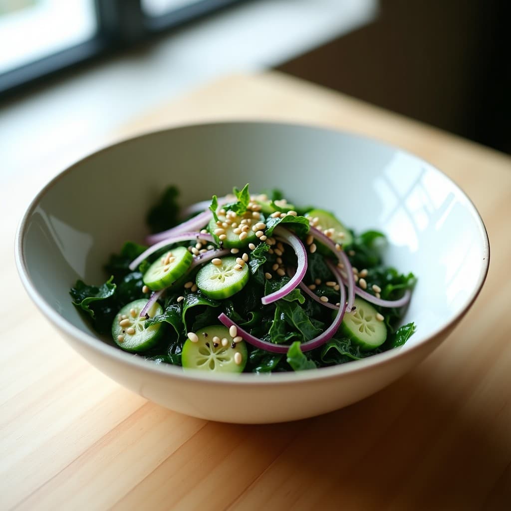 Ensalada de Algas Wakame y Pepino con Vinagreta de Sésamo Negro: Receta Corea Vegana