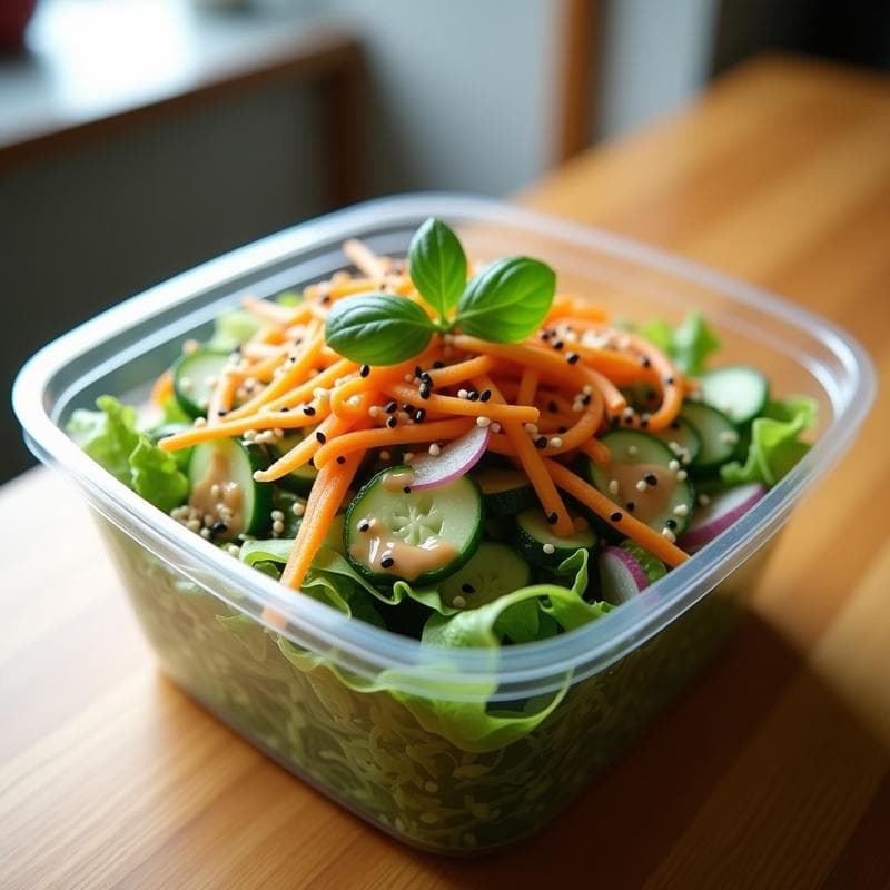 Ensalada de watakoshi con vinagreta de sésamo y miso servida en tupper de cristal, algas verdes hidratadas mezcladas con pepino, zanahoria morada y cebolla, decorada con semillas de sésamo negro y hojas de shiso.