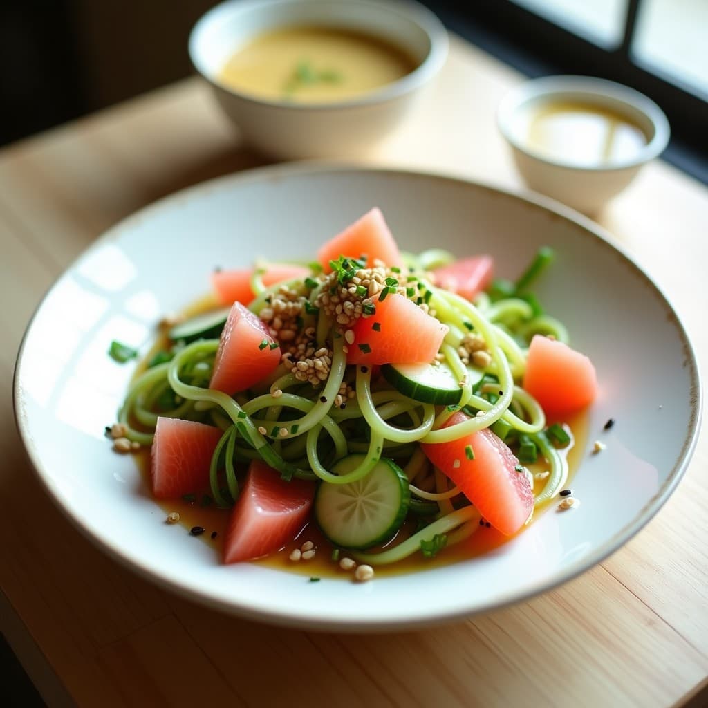 Ensalada japonesa fresca de alga Watakushi verde hidratada y gajos de pomelo rosa brillantes, mezclada con pepino en juliana y cebollino picado. Bañada en una vinagreta cremosa de sésamo negro y jengibre, decorada con semillas de sésamo tostadas y copos de alga nori sobre un plato blanco de cerámica tradicional.