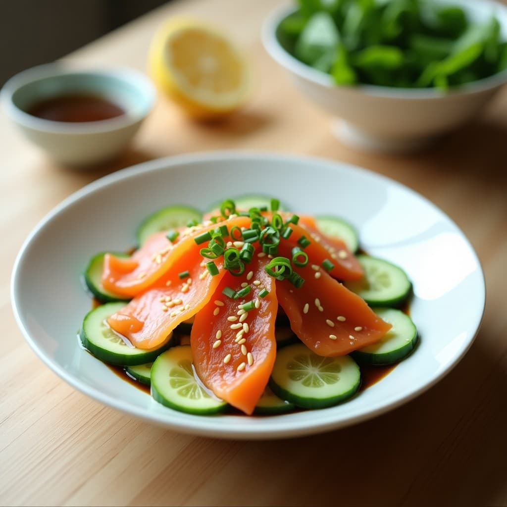 Ensalada fresca de pepino japonés watakushi en rodajas finas, salmón ahumado en láminas y cebollino, con aliño de sésamo tostado y soya. Plato blanco sobre fondo de madera clara, receta japonesa ligera y alta en proteína.