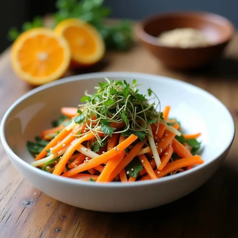 Ensalada japonesa de invierno en bol blanco con watakushi, zanahoria, daikon y rábano negro en juliana, bañada en vinagreta de sésamo y naranja, espolvoreada con semillas de sésamo tostado.