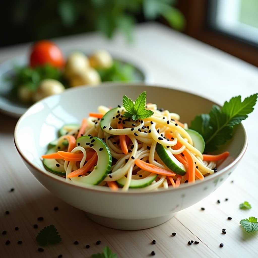 Ensalada tailandesa crudivegana de water chestnut y pepino con vinagreta de wasabi. Rodajas finas de water chestnut y pepino persa, cebolla morada, menta y cilantro fresco, decorada con semillas de sésamo tostado y un hilo de vinagreta verde clara. Plato blanco sobre fondo de madera rústica con utensilios de cocina tailandeses.