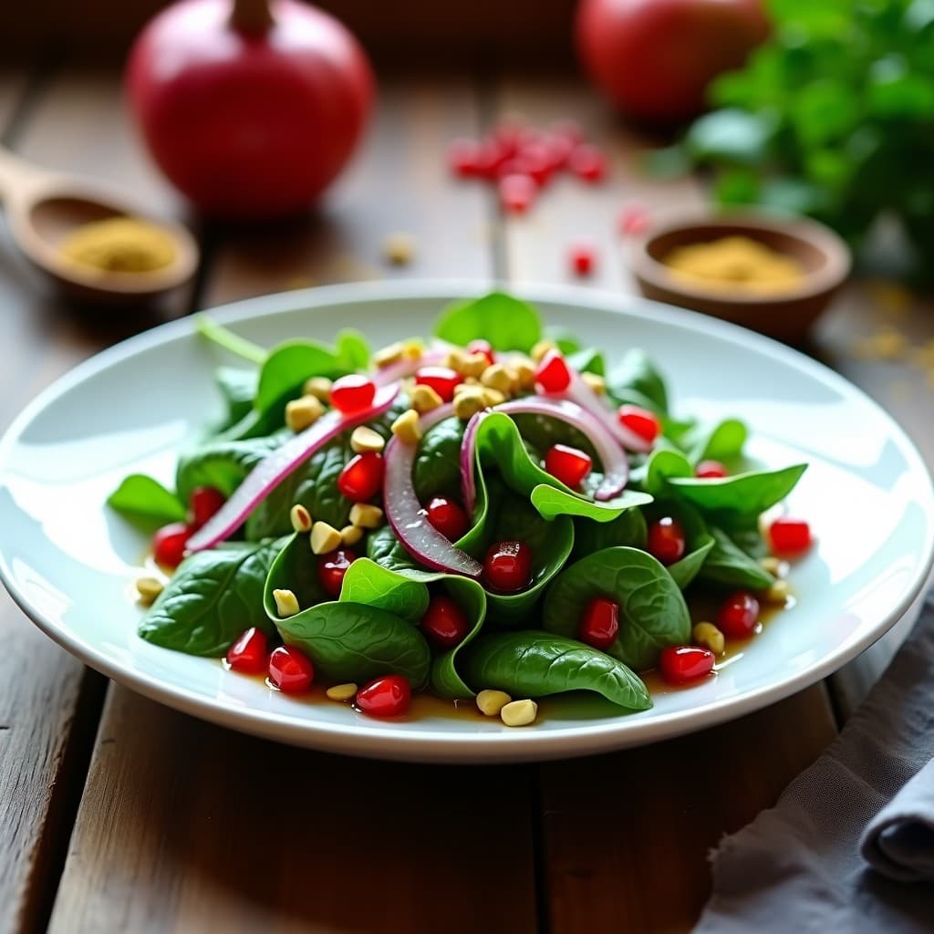 Ensalada persa fresca de watercress con granos de granado rojos brillantes, cebolla morada en juliana, pistachos picados y vinagreta de granados en un bol de cerámica blanca sobre fondo de madera rústica.