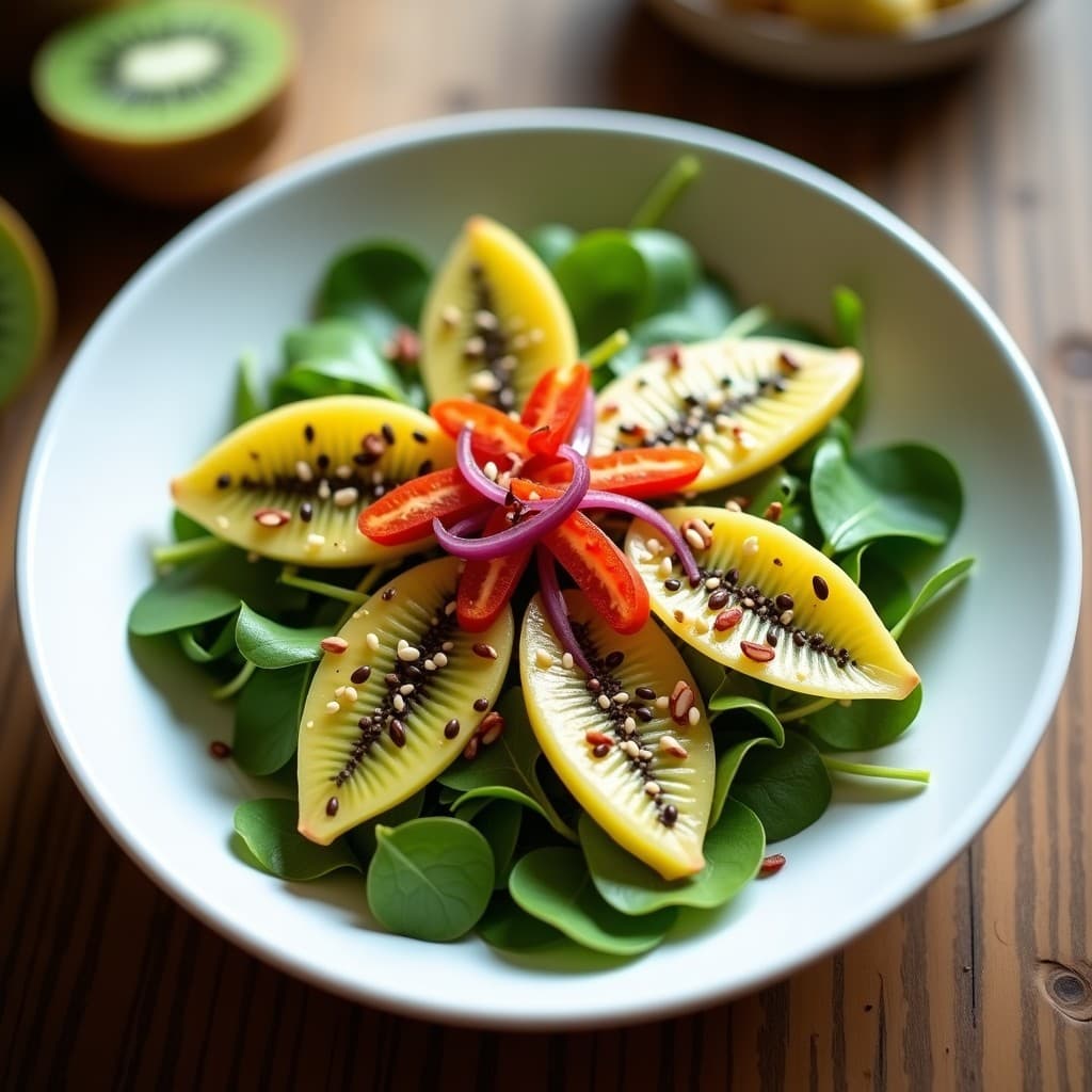 Ensalada fresca de watercress, kiwi en medias lunas, cebolla morada, pimiento rojo y semillas de amaranto, con aderezo brillante y semillas de sésamo tostadas por encima. Plato colorido y alto en vitamina C.