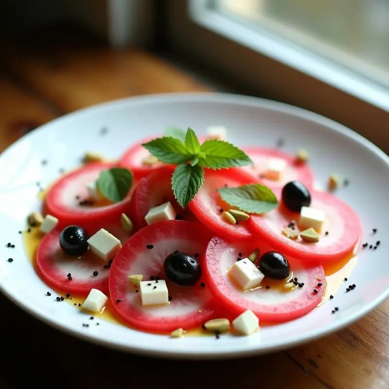 Ensalada mediterránea fresca y colorida con láminas rosadas de watermelon radish, feta vegana de anacardos desmenuzada, granos de granada y aceitunas Kalamata sobre un lecho de espinacas y rúcula. Decorada con semillas de sésamo negro y hojas de menta, con una vinagreta dorada de naranja sanguina y azafrán.