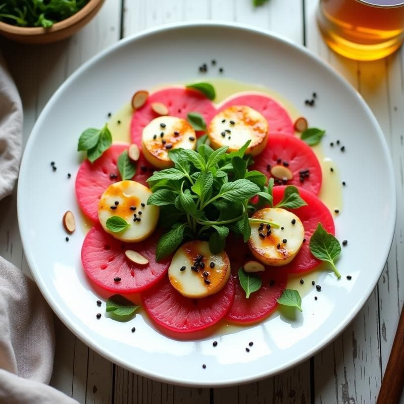 Ensalada chipriota sin gluten con rodajas rosadas de Watermelon Radish, láminas doradas de queso Halloumi a la plancha, rúcula baby, almendras tostadas y semillas de sésamo negro, servida en plato blanco con vinagreta brillante.