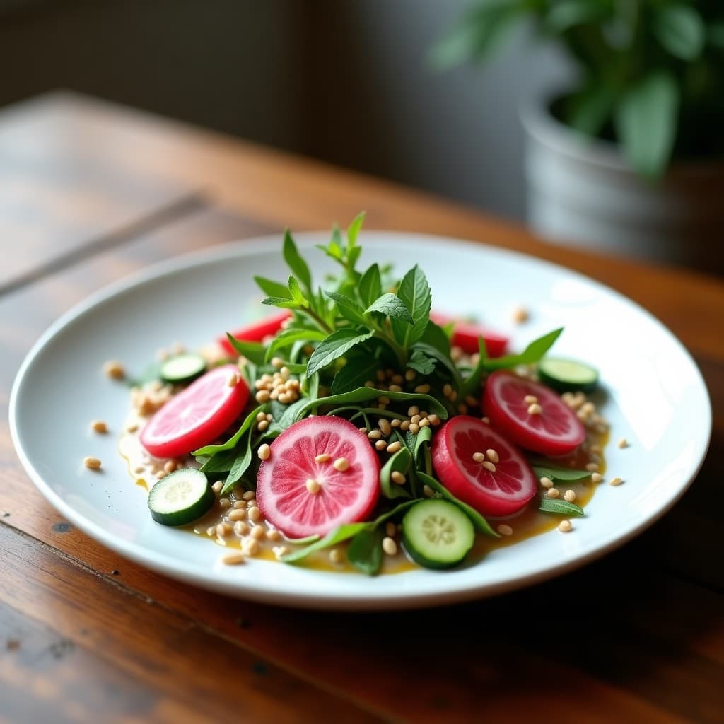 Plato blanco ovalado con ensalada de Watermelon Radish en rodajas rosadas y blancas, rúcula baby, pepino persa en medias lunas y cebolla morada en juliana. Aderezo cremoso de tahini y limón vertido por encima, decorado con semillas de sésamo tostadas y hojas de menta fresca. Receta crudivegana desintoxicante.