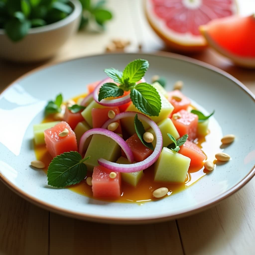Ensalada tailandesa refrescante de yaca verde en trozos crujientes, pomelo rosa en gajos, cebolla morada en juliana y menta fresca, bañada con vinagreta dorada de miel de sidra y decorada con cacahuetes tostados picados.