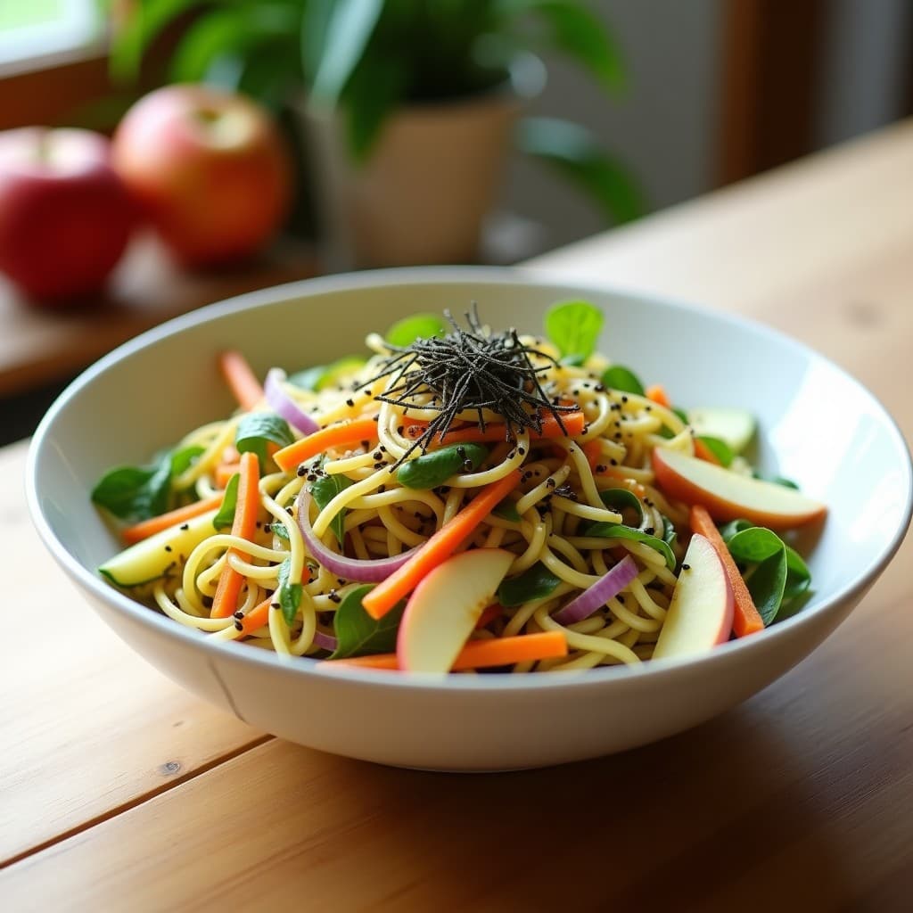 Ensalada de yakisoba crudivegana en cuenco blanco: fideos de calabacín en juliana fina mezclados con manzana verde, zanahoria morada, cebolla morada y brotes de soja, coronados con semillas de sésamo negro y copos de alga nori. Vinagreta brillante de tamari y jengibre. Plato fresco y colorido con fondo de madera clara.