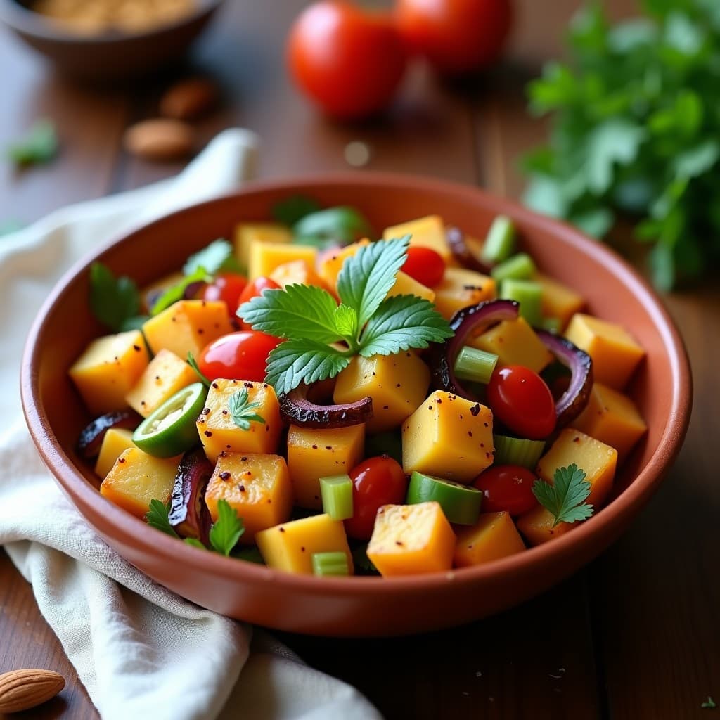Ensalada canaria vegana con yuca asada dorada, pimientos de Padrón verdes y morados, cebolla morada, apio y tomates cherry, aliñada con vinagreta de miel de palma. Presentada en fuente de barro rústica con hojas de cilantro fresco.