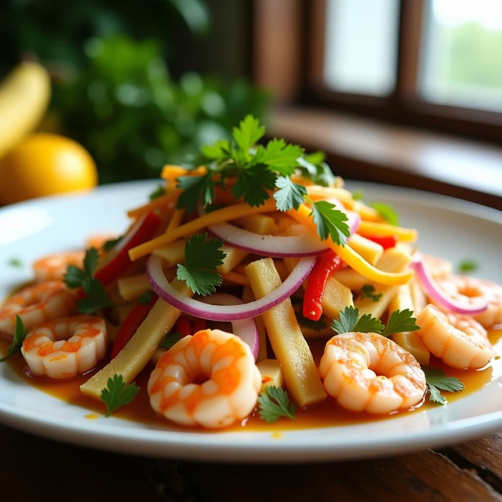 Ensalada caribeña de yuca en bastones dorados y camarones rosados, mezclados con cebolla morada, pimiento rojo asado y cilantro fresco. Bañada en una vinagreta brillante de cítricos, servida en un plato blanco rústico con fondo de hojas de plátano.