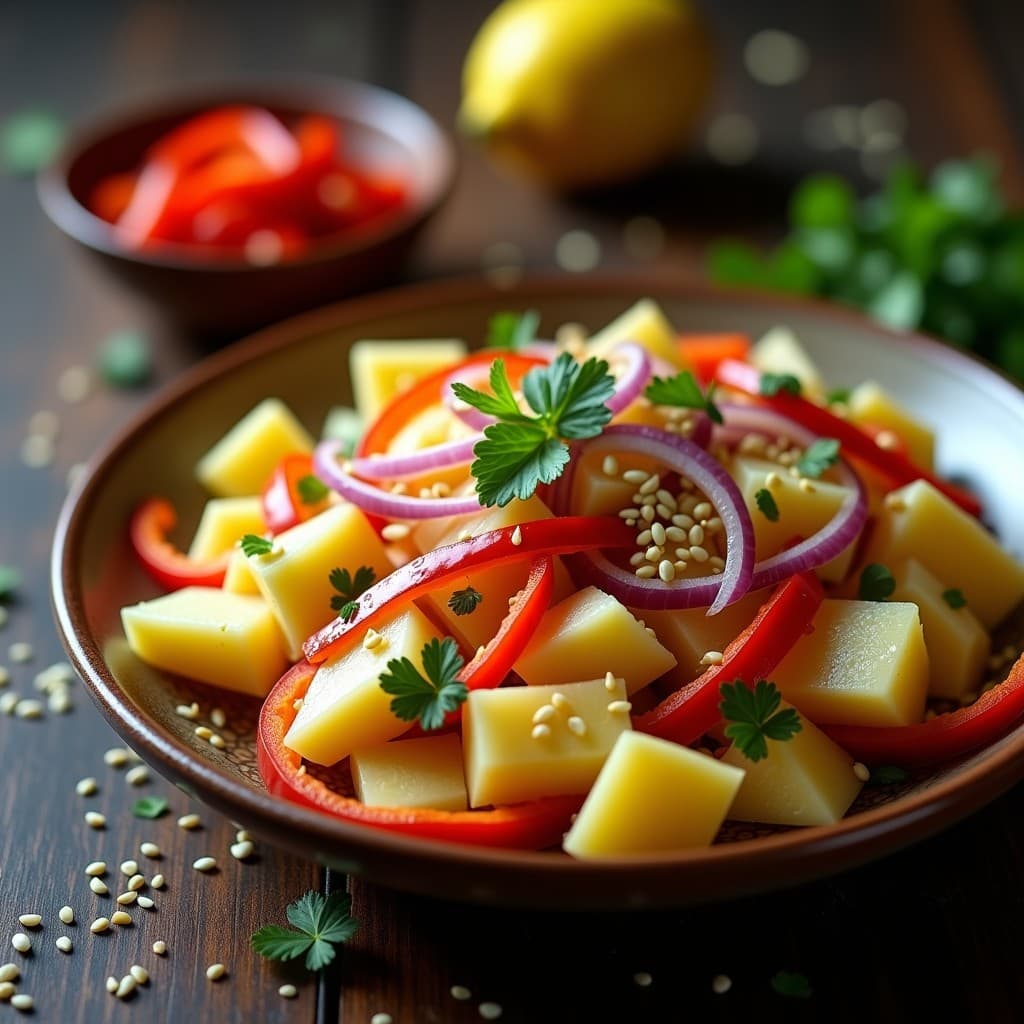 Ensalada amazónica en plato de barro con yuca en bastones dorados, corazón de palma en medias lunas, pimiento morrón rojo y cebolla morada, bañada en vinagreta amarilla de ají charapita y decorada con semillas de sésamo y cilantro fresco.