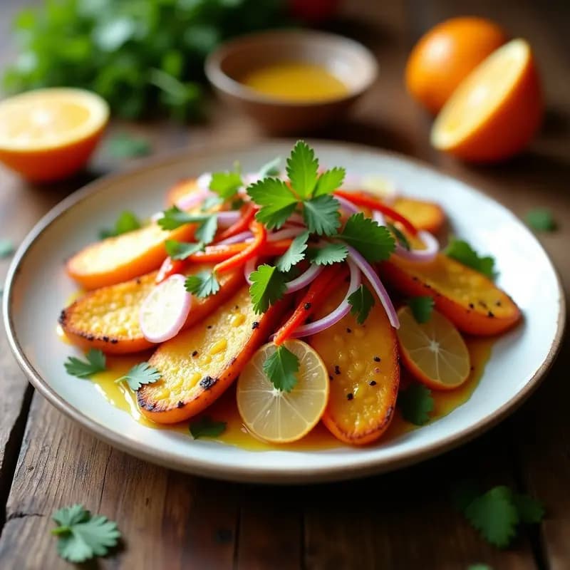 Ensalada colorida en plato blanco con yuca asada dorada, rodajas de hearts of palm, trozos de pimiento rojo y cebolla morada, bañada en vinagreta de naranja. Receta venezolana vegana fresca y apetecible.