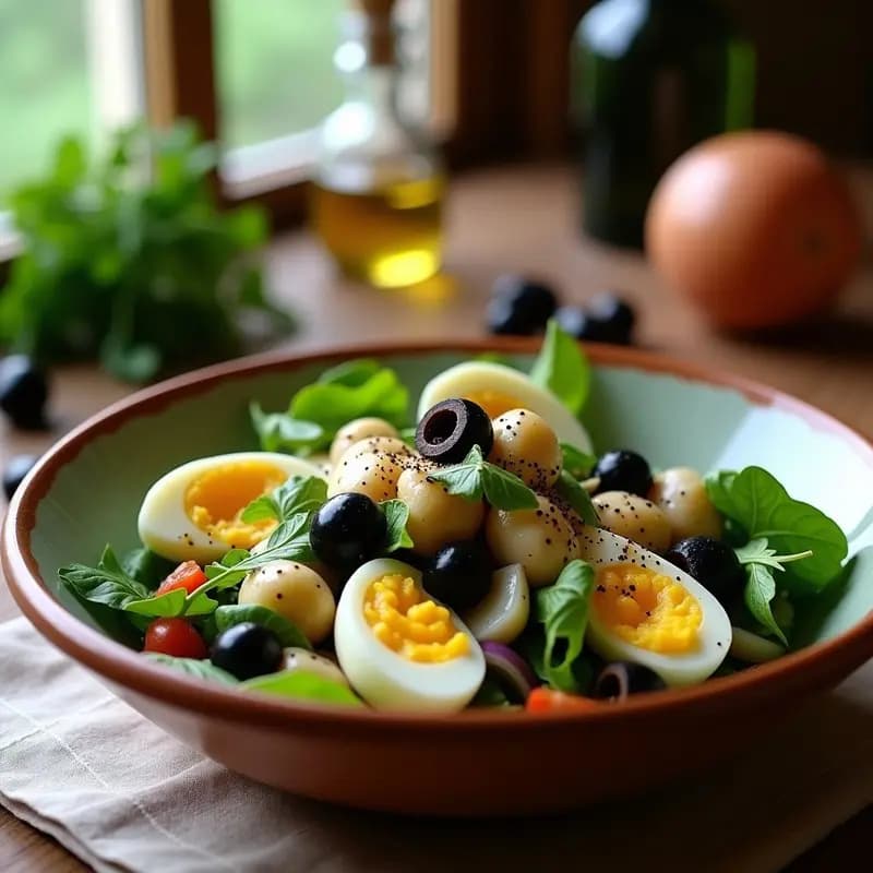 Plato rústico de ensalada zaragozana con borrajas verdes, trozos de bacalao desmenuzado, huevo duro en cuartos, aceitunas negras y tomate en cubos, aliñada con aceite de oliva y decorada con perejil fresco.