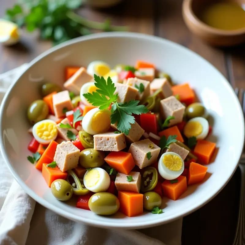Ensaladilla de atún con vinagreta de sidra servida en un bol blanco, con trozos de huevo duro, zanahoria, pimiento verde, aceitunas y perejil fresco. Plato fresco y colorido, ideal para llevar al trabajo en tupper.