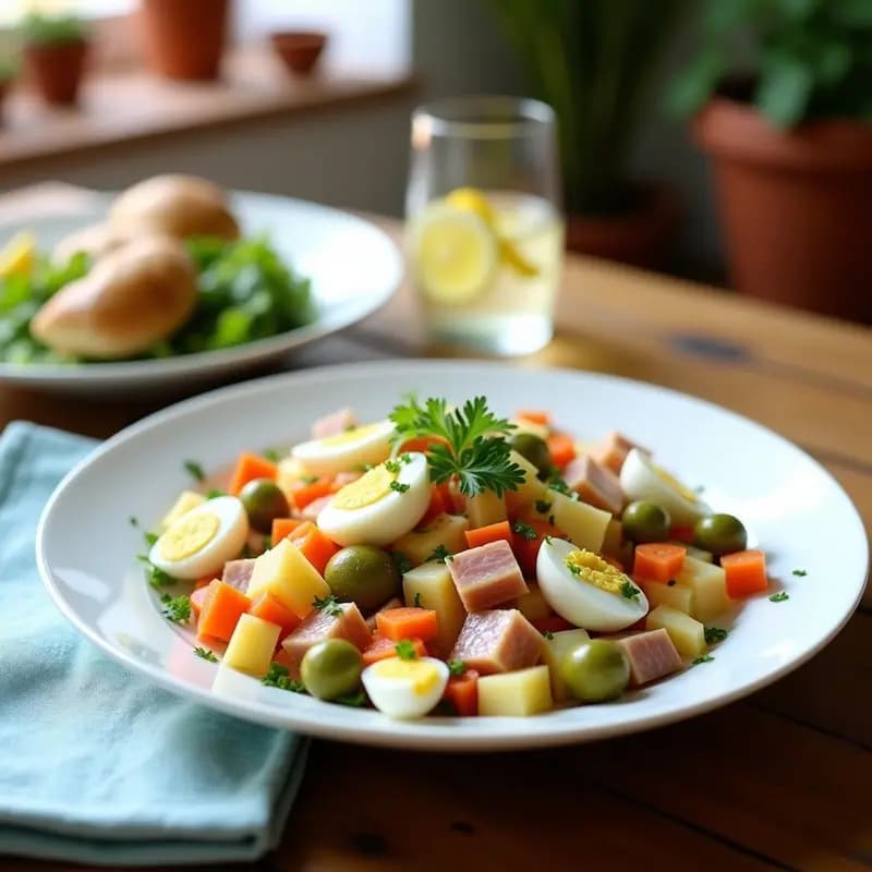 Ensaladilla de bacalao y ventresca servida en un plato hondo blanco, con trozos de patata, zanahoria, huevo duro, ventresca desmenuzada y aceitunas verdes, aliñada con mayonesa y perejil picado. Plato fresco y colorido típico andaluz de verano.