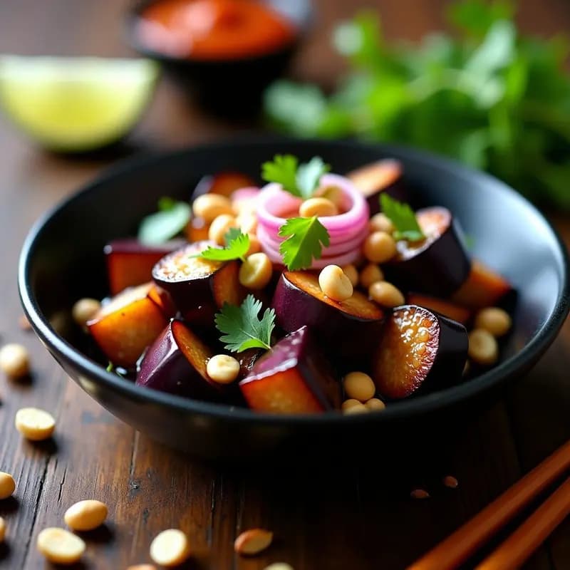 Plato hondo de cerámica negra con Ensaldang de Berenjena y Cacahuetes con Salsa de Tamarindo, berenjenas asadas en cubos bañadas en salsa oscura, cacahuetes tostados picados, cebolla morada y cilantro fresco. Entrante tailandés picante y vegano.