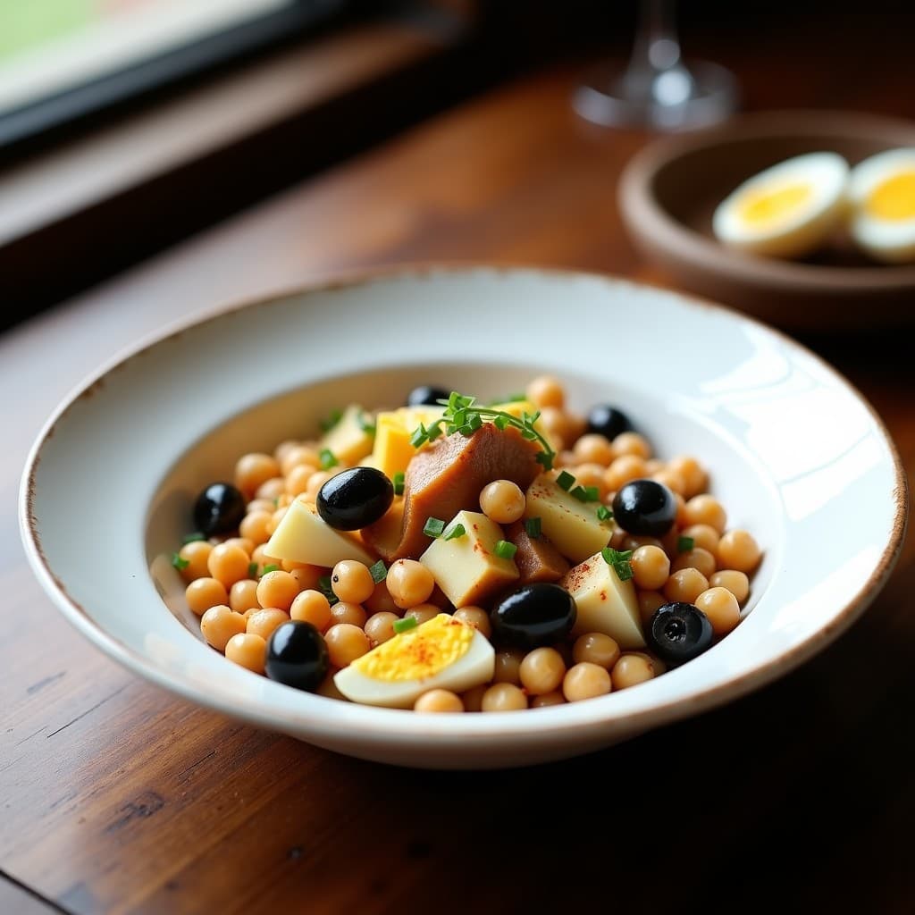 Ensalada gourmet en cuenco de cerámica blanca con garbanzos dorados, alcachofas tiernas, ventresca de atún desmenuzada, huevo duro picado y aceitunas negras, bañada en alioli de ajo negro cremoso. Decorada con cebollino fresco y pimentón espolvoreado. Plato típico español de alta cocina.