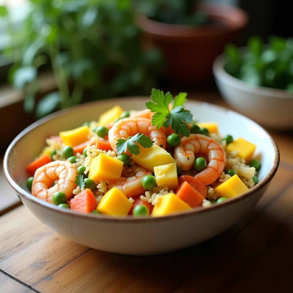 Bowl blanco con ensaldilla de langostinos cocidos, trozos de mango maduro, huevo duro picado, zanahoria rallada y guisantes, cubierta con mayonesa light espolvoreada con cilantro fresco, sobre fondo de madera rústica.
