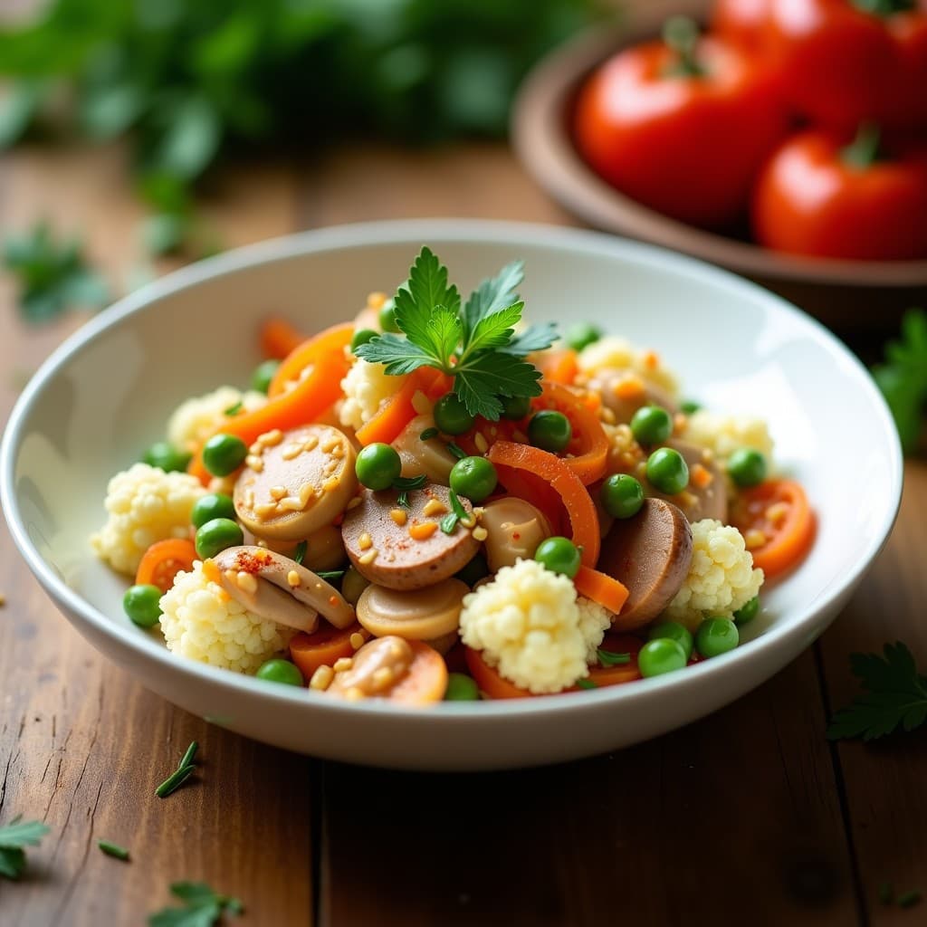 Ensaladilla rusa vegana y baja en carbohidratos servida en un bol de cerámica blanca, con coliflor en trozos, láminas doradas de amanitas, guisantes verdes, zanahoria rallada y mayonesa de anacardos. Decorada con perejil fresco y un toque de pimentón dulce.