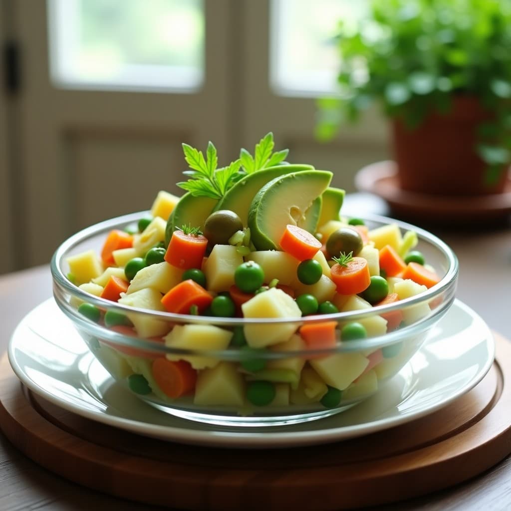 Ensaladera de cristal con ensaldilla rusa colorida, mezcla de patata, zanahoria, guisantes, pimiento verde, huevo picado y aceitunas, cubiertos con una mayonesa cremosa de aguacate. Decorada con perejil fresco y rodajas de aguacate, servida sobre una mesa rústica con fondo borroso.