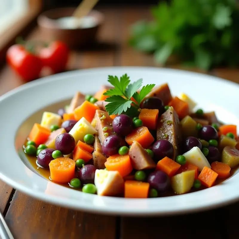 Plato hondo de cerámica blanca con ensaldilla rusa gourmet: cubos de patata morada, zanahoria, guisantes, huevo cocido en cuartos, aceitunas y pimiento rojo, bañada con alioli de ajo negro y decorada con perejil fresco. Fondo rústico de madera con luz natural.