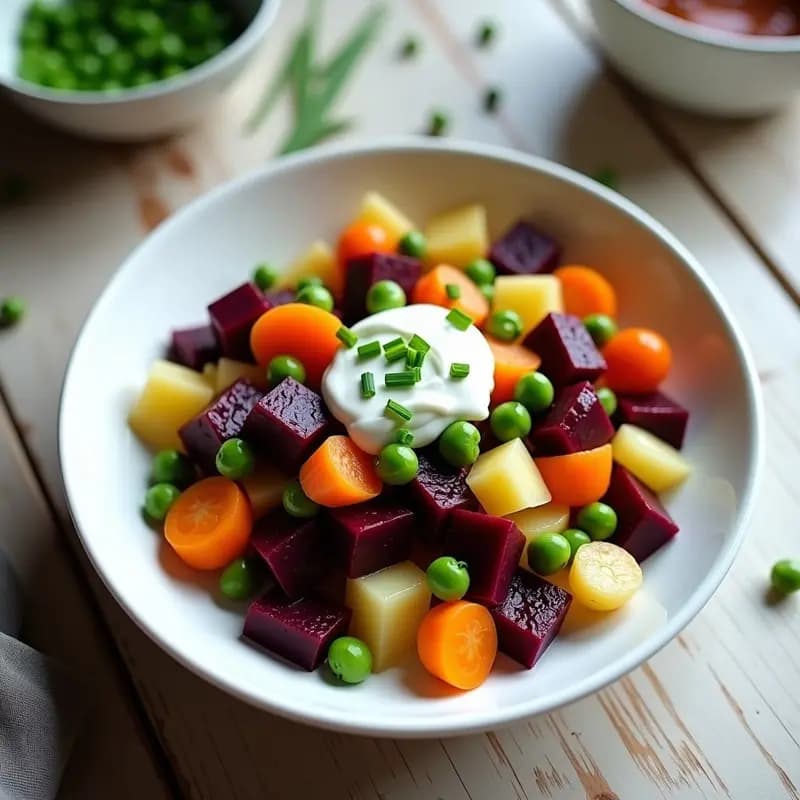 Ensaladilla rusa vegana en un bol blanco con cubos de remolacha morada, patata, zanahoria, guisantes y pimiento verde, bañada en un aliño cremoso de yogur de soja. Decorada con cebollino fresco y servida sobre una mesa rústica de madera.