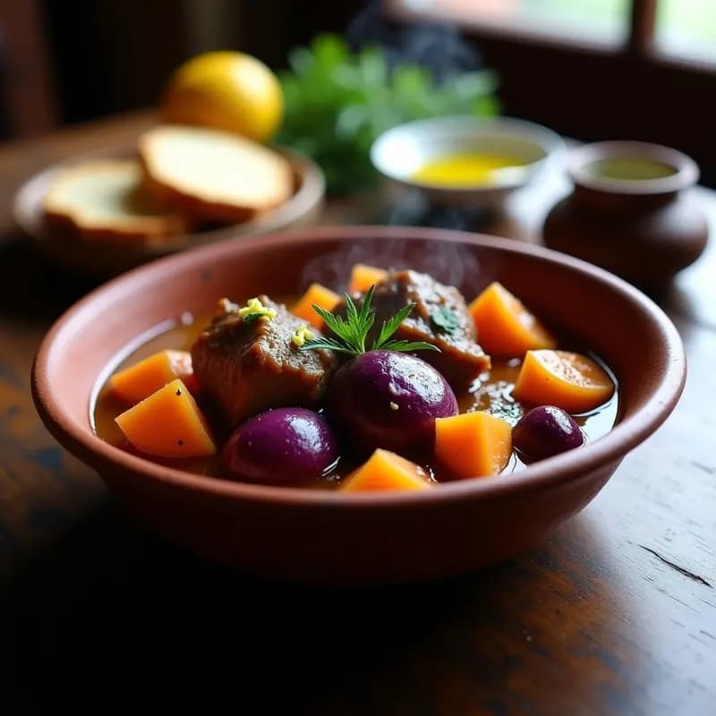 Plato hondo de barro con ensopado portugués de cordero y batata morada, caldo espeso y brillante, trozos de carne tierna y cubos de batata morada vibrante, decorado con hojas de hierbabuena fresca sobre fondo rústico de madera.