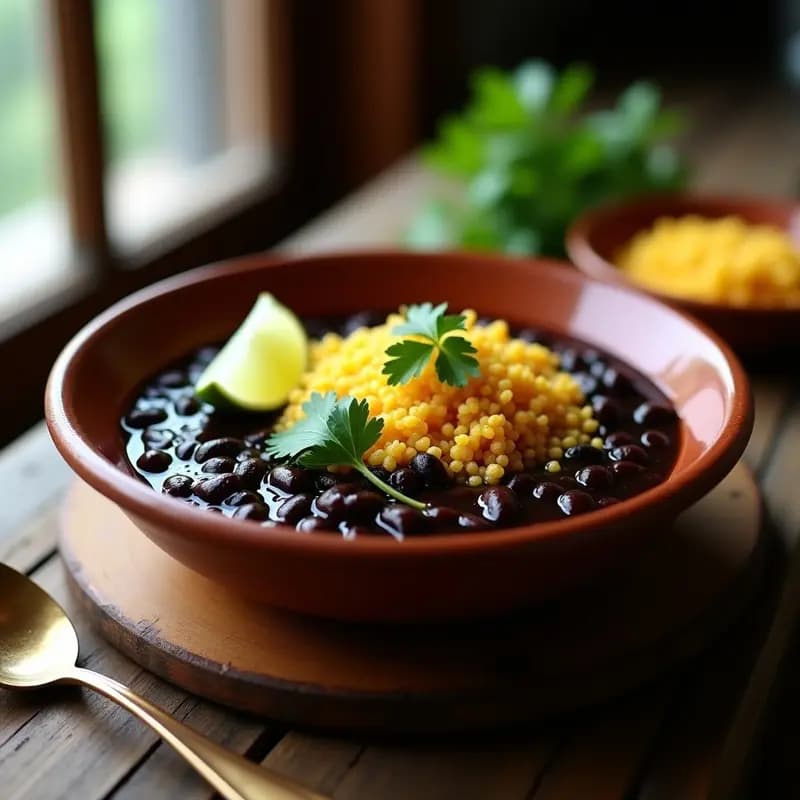 Bowl hondo de barro con Ensopado de Feijão Preto vegano, espeso y oscuro, coronado con farofa de mandioca dorada y crujiente. Acompañado de cilantro fresco y rodajas de limón sobre tabla de madera rústica.