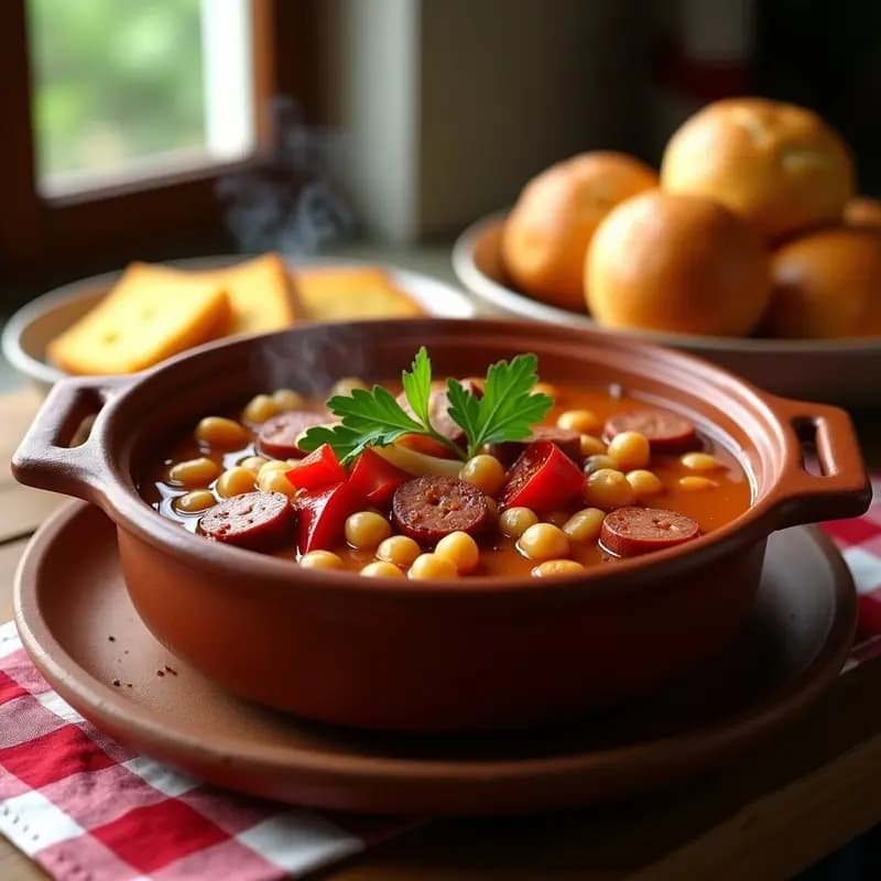 Plato hondo de barro con ensopado portugués de garbanzos y chorizo, caldo espeso con verduras, acompañado de panecillos dorados de maíz sobre una mesa de madera rústica.