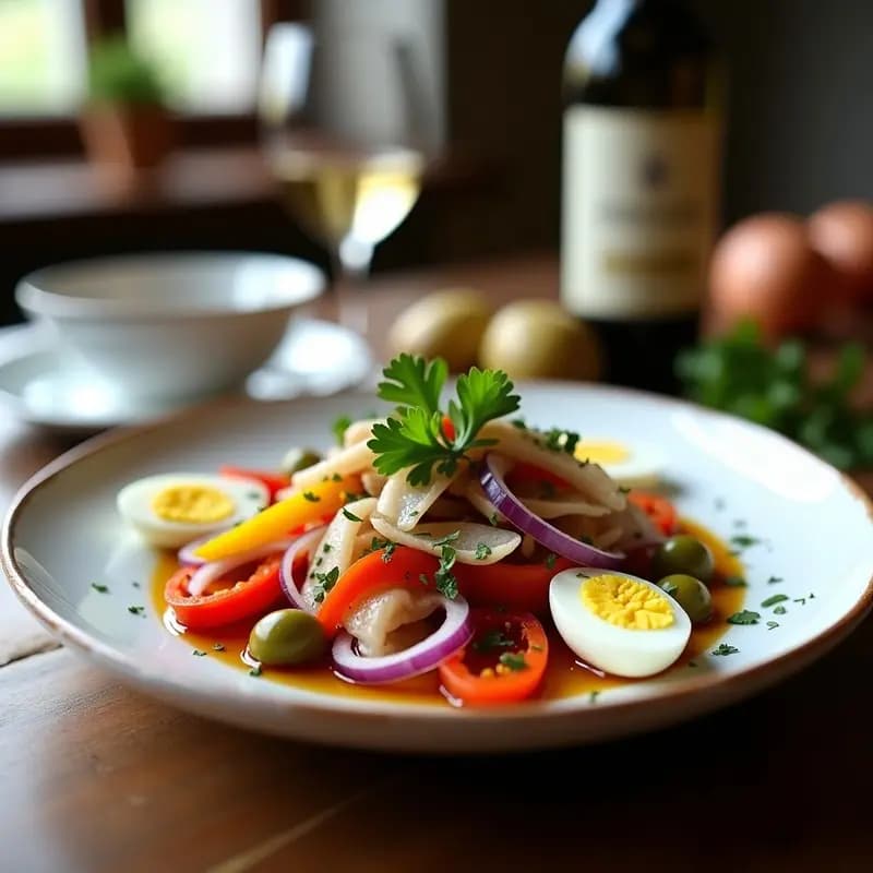 Plato de éntrelas de bonito con pimientos asados, presentadas en láminas finas con rodajas de huevo duro y aceitunas verdes. Receta vasca tradicional para tapas frías.