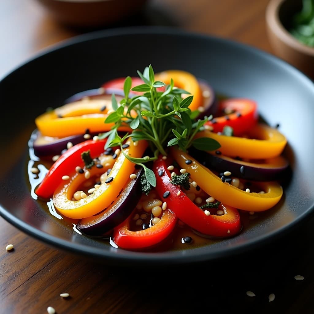 Plato de cerámica negra con escabeche de berenjena y pimiento japonés en rodajas finas, bañados en un marinado dorado de vinagre de arroz. Decorado con semillas de sésamo negro, algas nori y jengibre fresco rallado. Fondo minimalista con toques de madera oscura.