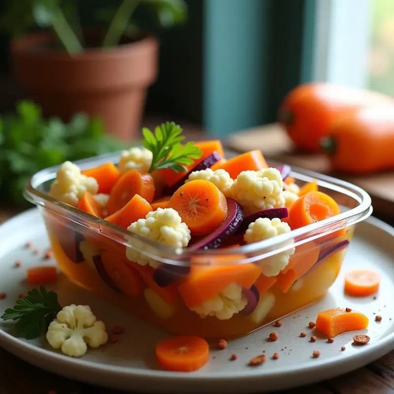 Tupper de vidrio transparente con escabeche de coliflor y zanahoria en rodajas, bañadas en un líquido dorado de vinagre de sidra, con especias visibles y perejil fresco espolvoreado. Receta peruana vegana para llevar.