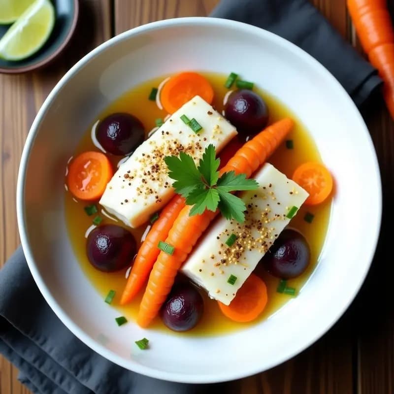 Plato hondo de cerámica blanca con escabeche de corvina en trozos, bañados en vinagreta amarilla, acompañados de kimchi morado y zanahoria fermentada en rodajas. Decorado con cilantro fresco y semillas de cilantro tostadas. Receta peruana probiótica y sin cocinar.