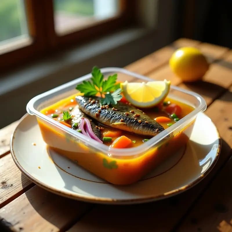 Tupper transparente con escabeche de sardinas marinado en líquido dorado con rodajas de limón, ajo negro, cebolla morada y zanahoria. Plato frío español listo para llevar.