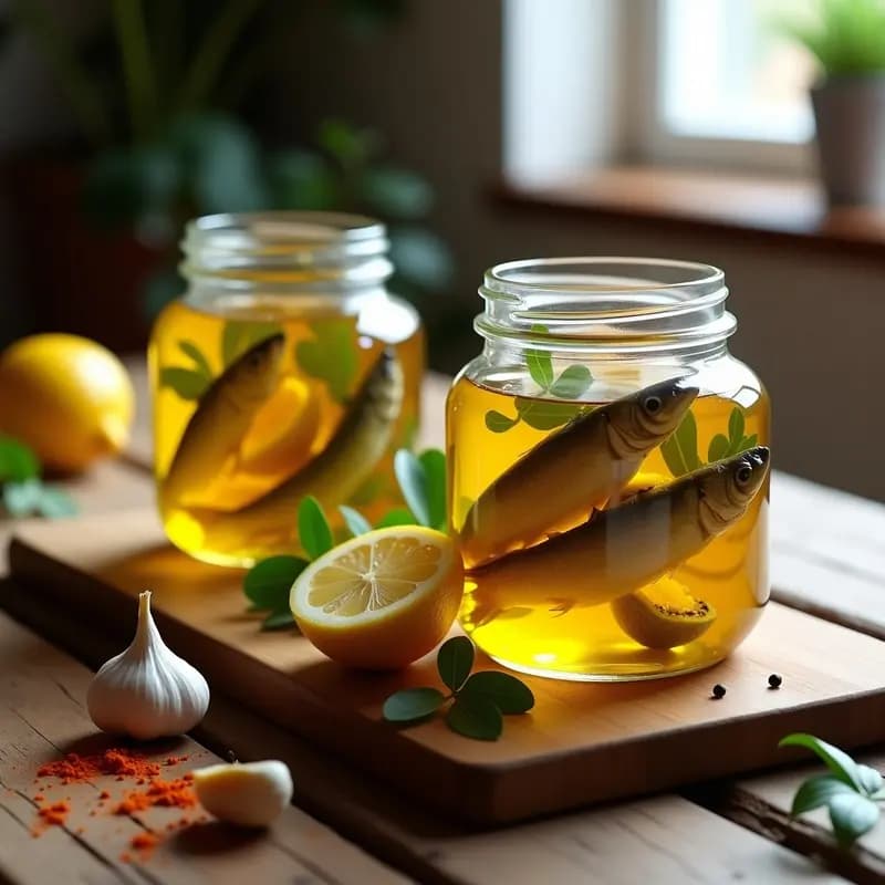 Tarros de vidrio transparentes con sardinas marinadas en escabeche de limón y laurel, rodeados de rodajas de limón, hojas de laurel y especias, sobre una mesa rústica de madera con fondo claro.