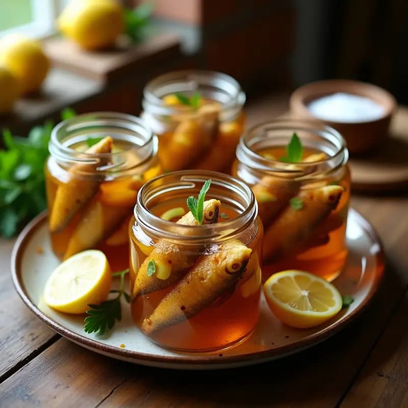 Tarros de vidrio transparentes llenos de escabeche de sardinas con limón y pimentón, rodeados de rodajas de limón fresco y ramitas de perejil, sobre una mesa rústica de madera.