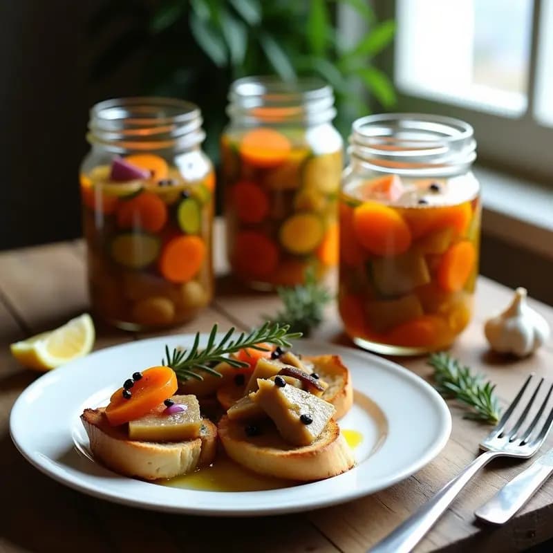 Tarros de cristal transparentes llenos de trozos de sardina en escabeche con vinagre de manzana y ajo, rodeados de cebolla morada, zanahoria y especias. Plato de madera con sardinas escabechadas servidas sobre rebanadas de pan tostado, con hierbas frescas al lado.