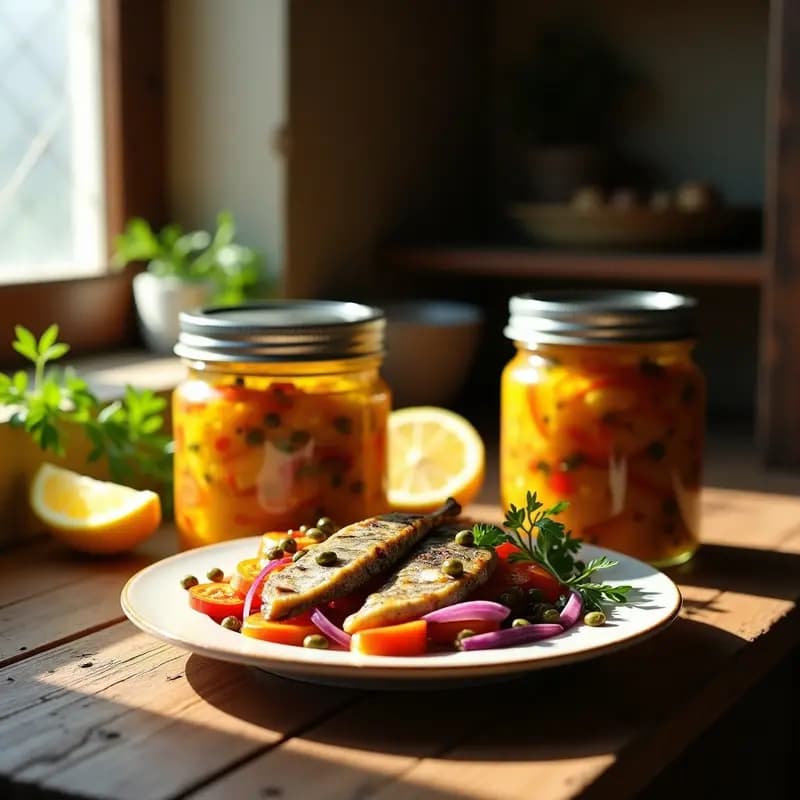Frascos de vidrio transparentes con filetes de sardina en escabeche, cubiertos de vinagreta dorada con hebras de azafrán, cebolla morada en juliana y pimiento rojo asado. Acompañados de rodajas de limón y hojas de perejil sobre una mesa de madera rústica, receta mediterránea para tupper.