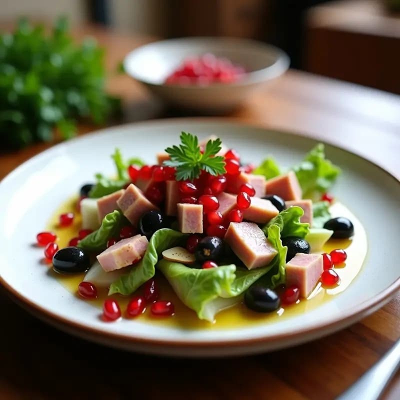 Ensalada andaluza gourmet en plato blanco con hojas de escarola crujientes, granos de granada rojos brillantes y trozos de ventresca de atún, decorada con aceitunas negras y virutas de almendra tostada.