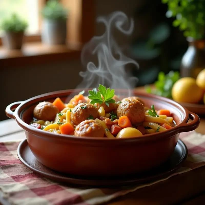 Plato tradicional catalán de Escudella i Carn d’Olla con galets y albóndigas, servido en fuente de barro con caldo humeante, carne, verduras y pasta en forma de caracol.