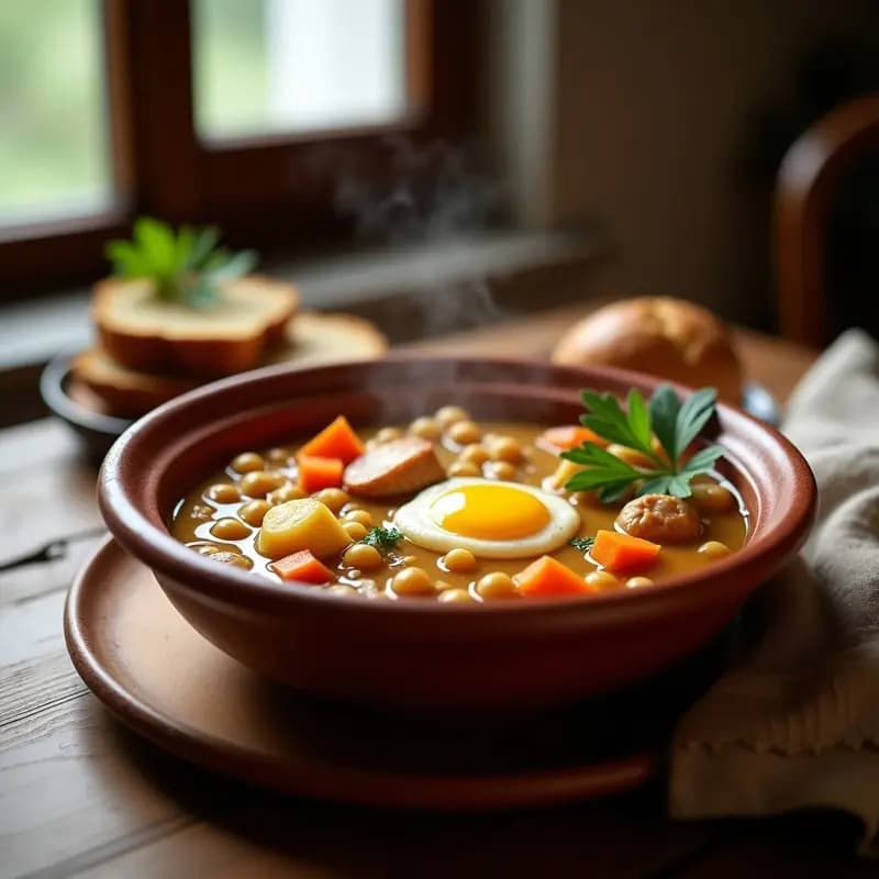 Cuenco hondo de barro con escudilla maragata tradicional: caldo espeso con trozos de gallina, fideos gruesos, garbanzos, zanahoria, patata y huevo escalfado. Plato típico de León para días fríos.